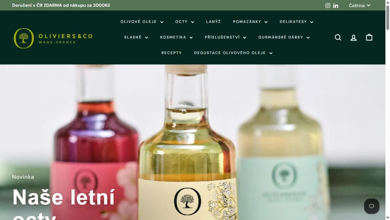 Accueil de la boutique Oliviers & Co Prague, avec les catégories de produits et un visuel de bouteilles.