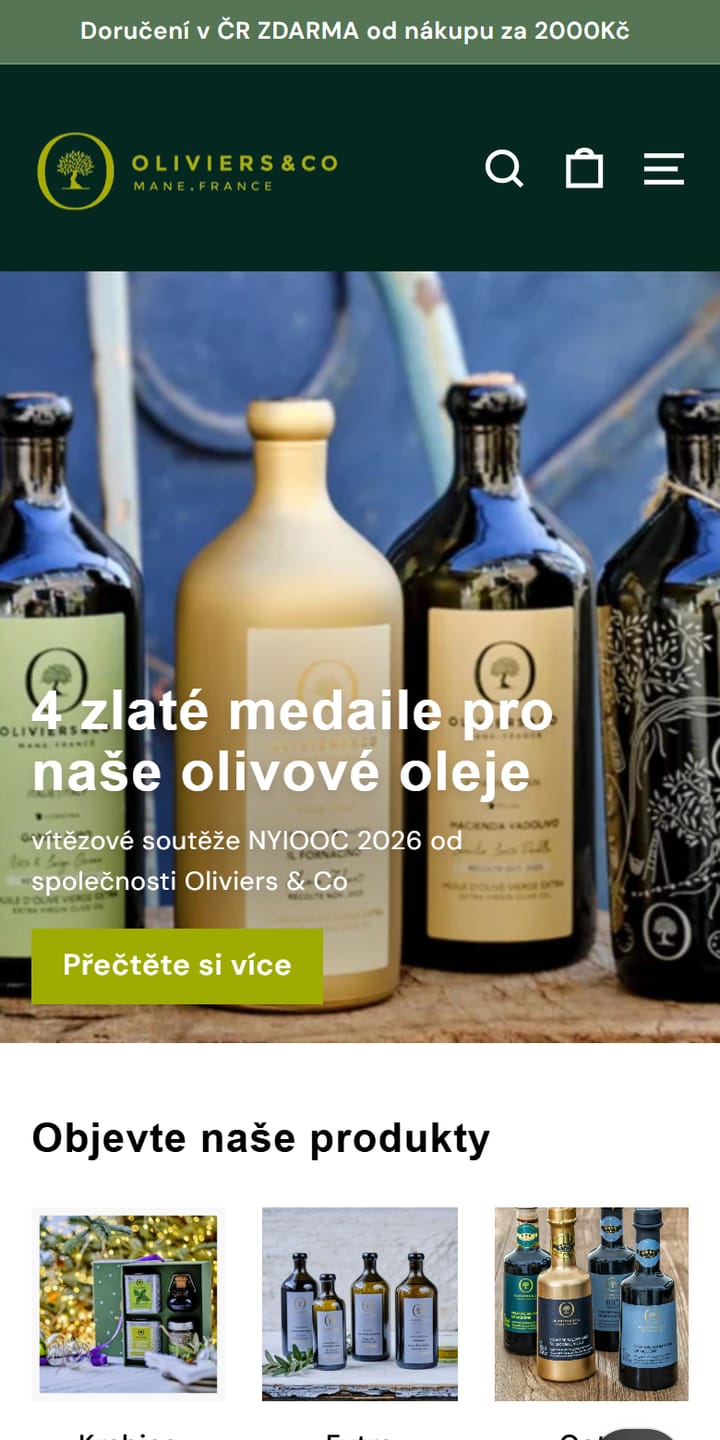 Page d’accueil du site Oliviers & Co Prague sur mobile.